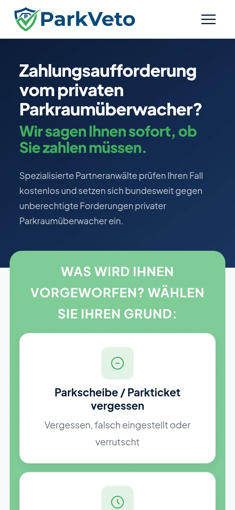 ParkVeto website on a phone